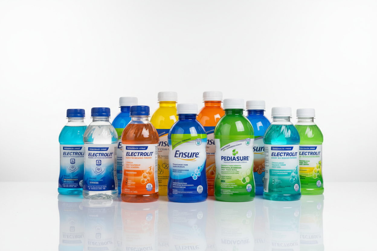 Genera una imagen con una botella de sueros como electrolit y suerox, ensure, glucerna, pediasure, pulmocare
