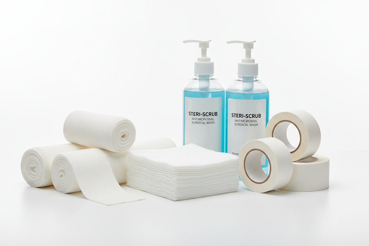 Genera una imagen con unas gasas, vendas, cinta para vendaje, jabon quirurgico