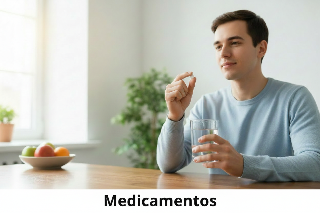 Imagen de una persona joven tomando medicamento y con la palabra Medicamento en la parte inferior 