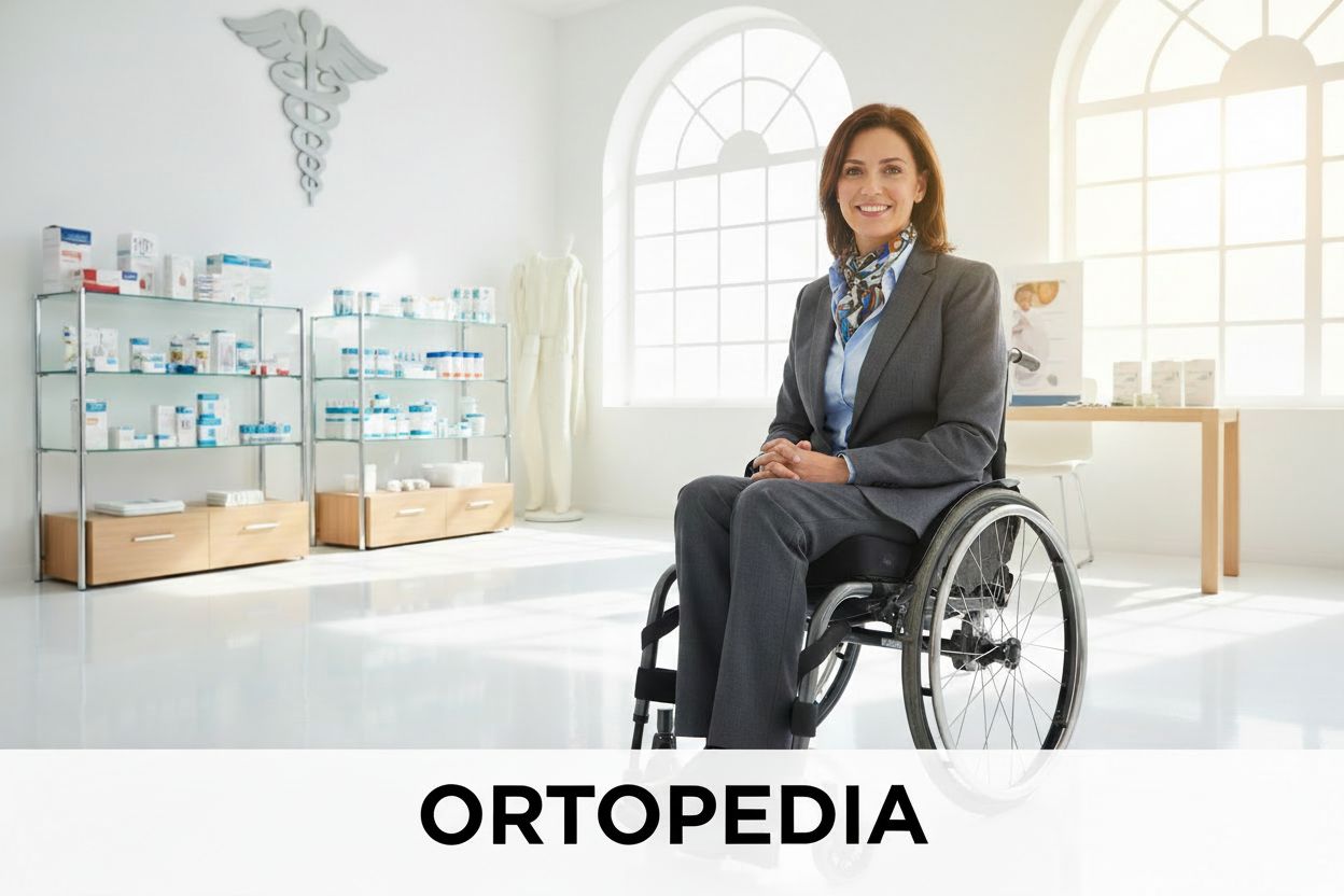 PERSONA EN SILLA DE RUEDAS CON LA PALABRA ABAJO ORTOPEDIA 