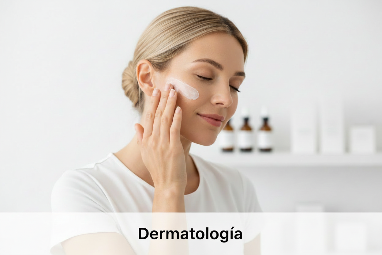 Una mujer usando un tratamiento dermocosmetico y en la parte inferior un fondo claro para escribir la palabra Dermatologia