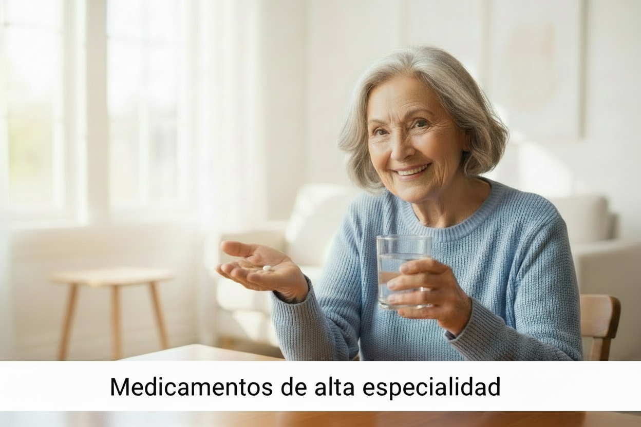Una persona de la tercera edad tomando un medicamento feliz